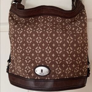 Fossil Maddox Brown Leather Printed Canvas Bag